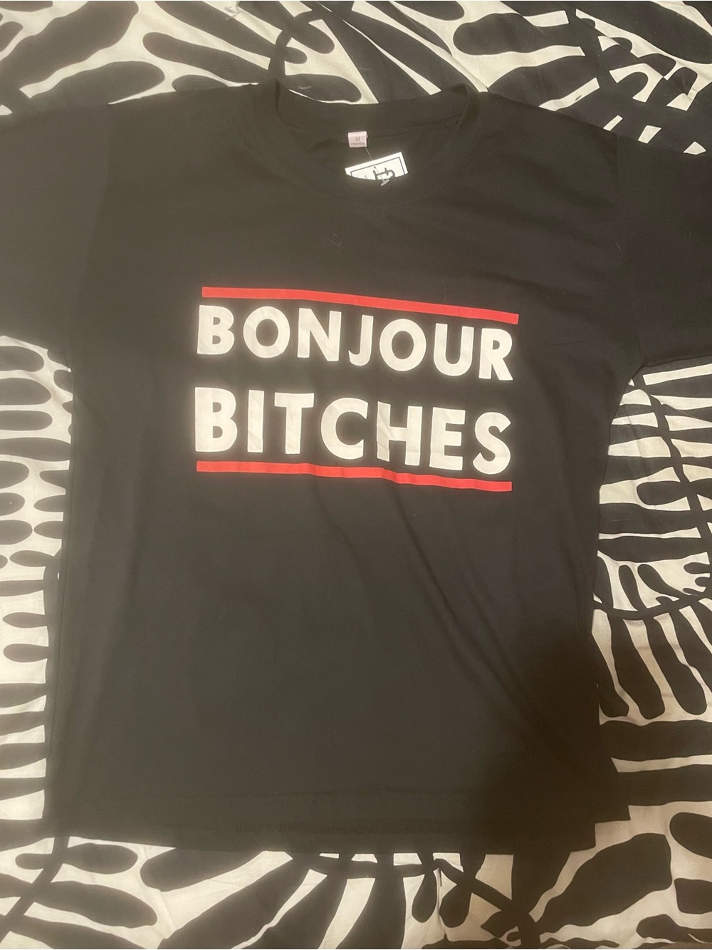 Bonjour Bitches Graphic Tee - Black with White & Red Print M